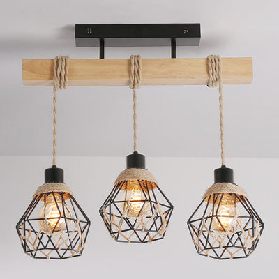 Vintage Industrial Hemp Rope Metal Cage 3-Light Chandelier Ceiling Light