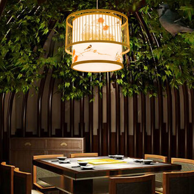 Chinese Bamboo Weaving 1 Light Cylindrical Pendant Light