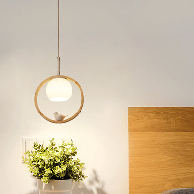 Modern Round Wood Ring 1-Light Little Bird LED Pendant Light