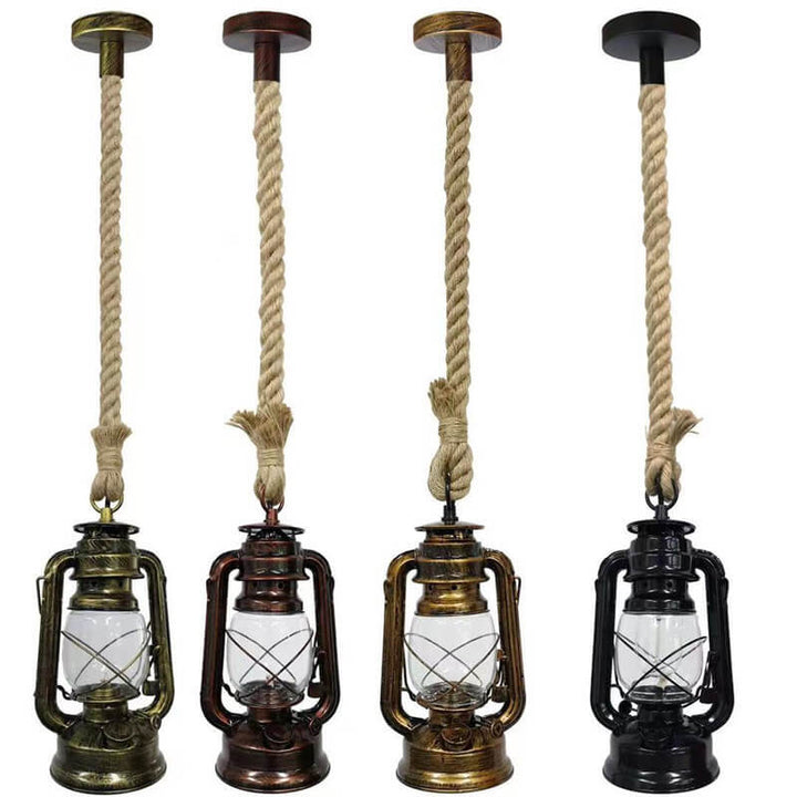 Lampe suspendue vintage à 1 lumière en corde de chanvre au kérosène 