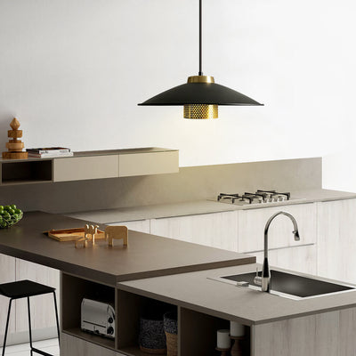Lustre suspendu industriel simple en fer forgé à 1 lumière avec bord festonné 