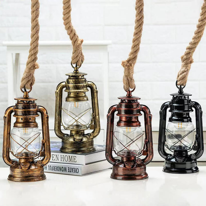 Lampe suspendue vintage à 1 lumière en corde de chanvre au kérosène 