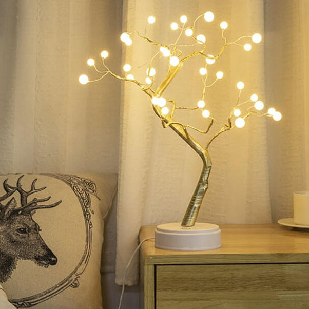 Lámpara de mesa LED contemporánea y creativa con pequeño árbol de perlas, cobre y PVC, 36 luces y control remoto para dormitorio 