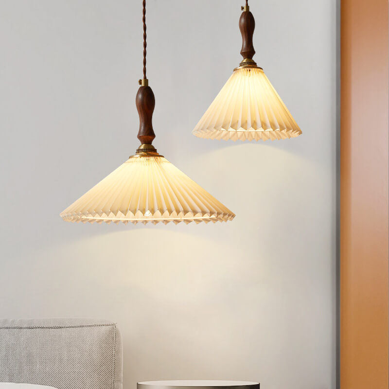 Vintage 1-Light Pleated Fabric Conical Pendant Light