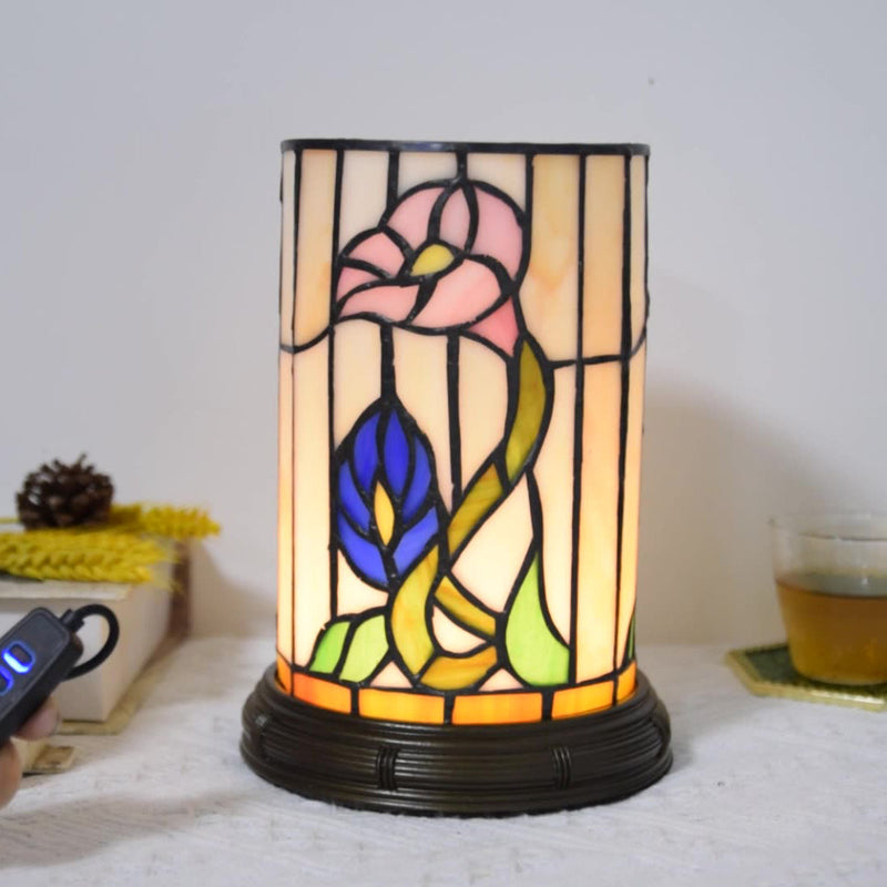Kreative Tiffany-Blumen-Zylinderfass-Buntglas-LED-Tischlampe 