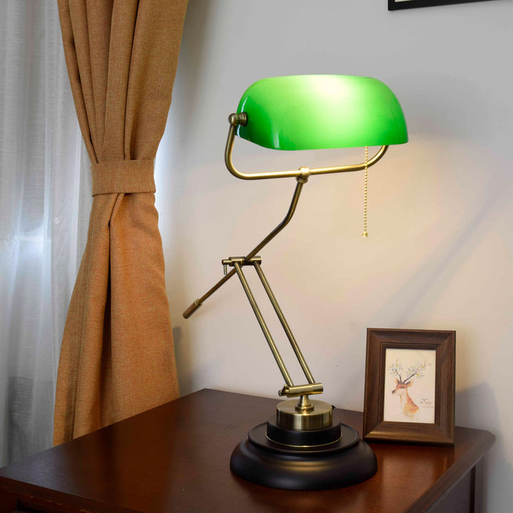 Lampe de table rétro style république avec abat-jour en verre vert à 1 lumière 