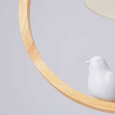 Modern Round Wood Ring 1-Light Little Bird LED Pendant Light
