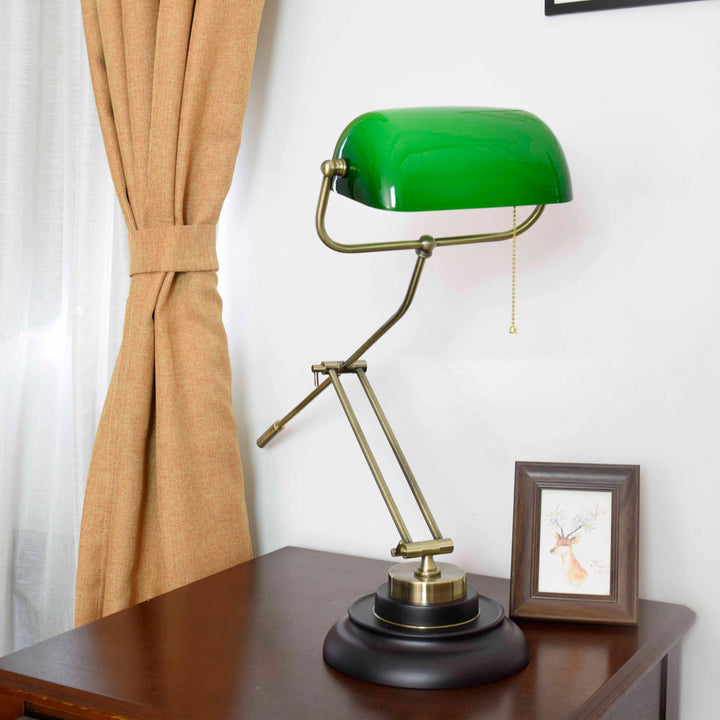 Lampe de table rétro style république avec abat-jour en verre vert à 1 lumière 
