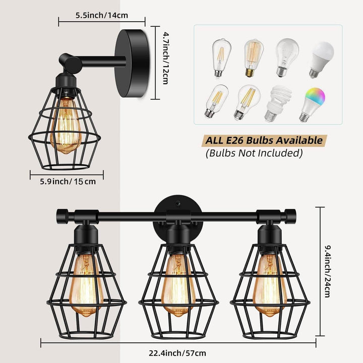 Lámpara de Aplique de Pared de Jaula de Hierro Forjado Industrial Vintage de 3 Luces 