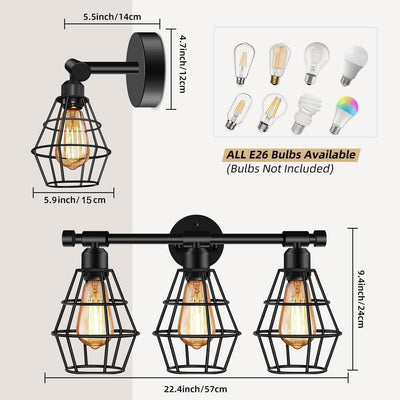 Vintage Industrial Wrought Iron Cage 3-Light Wall Sconce Lamp