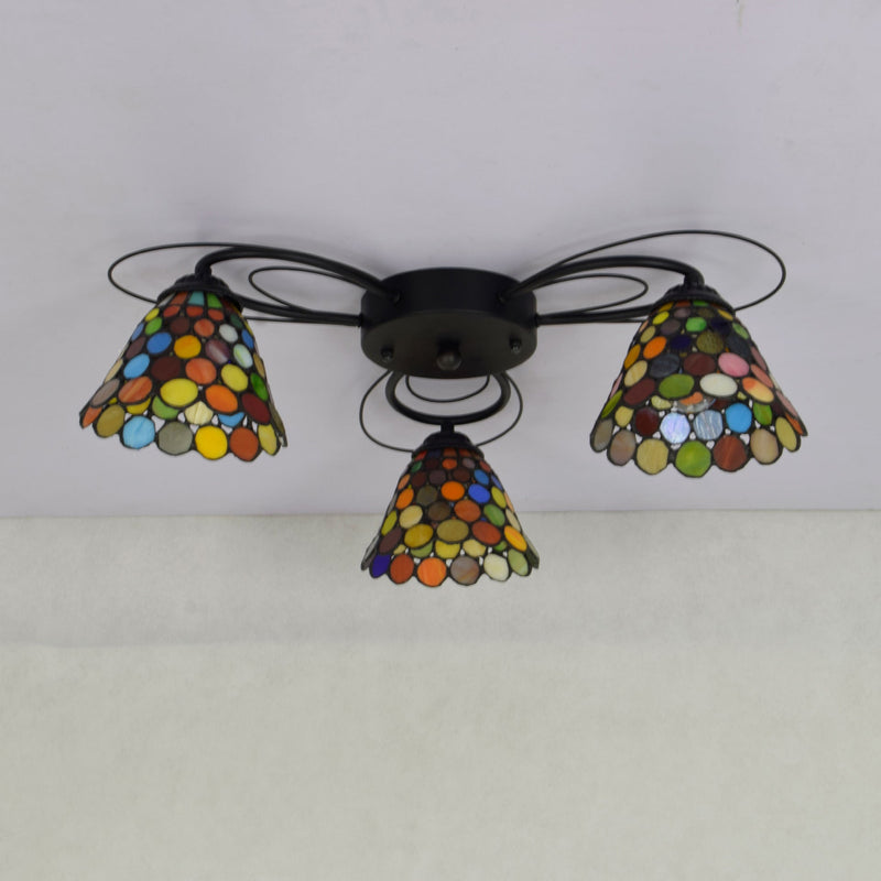 Tiffany Stained Dot Glass 3-Light Semi-Flush Mount Ceiling Light