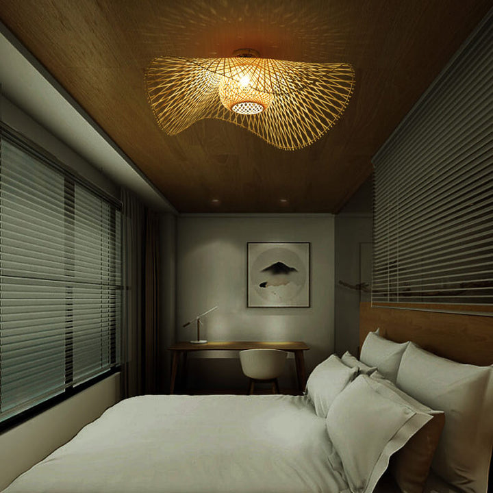 Traditional Japanese Weaving Bamboo 1-Light Semi-Flush Mount Ceiling Light For Bedroom