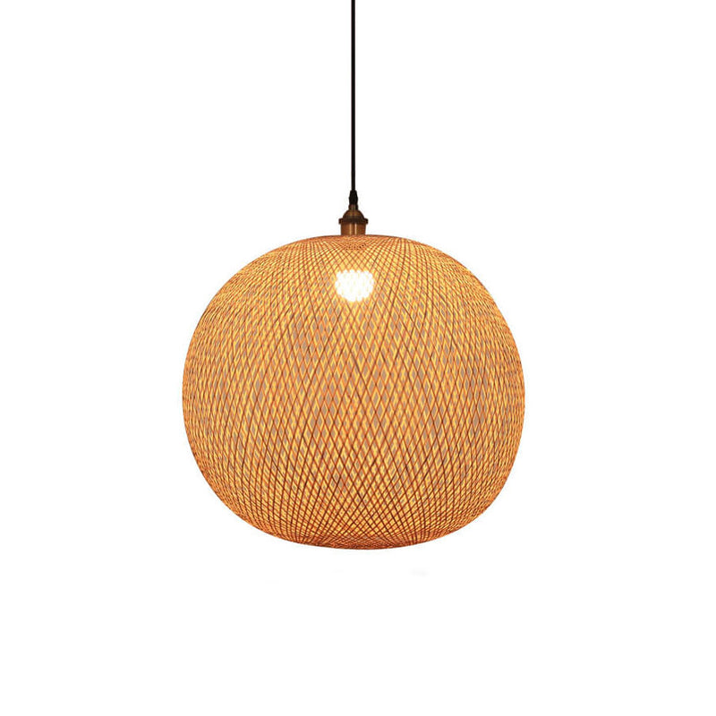 Lámpara colgante japonesa de 1 luz beige con bola redonda de tejido de bambú 