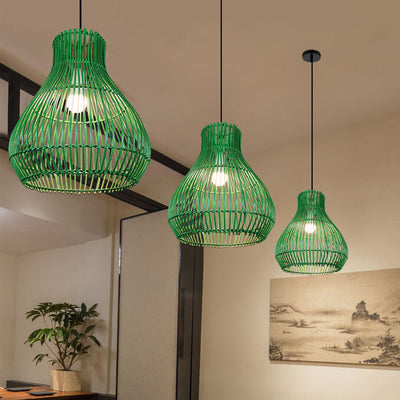 Modern Rattan Weaving Green Teardrop Shade 1-Light Pendant Light