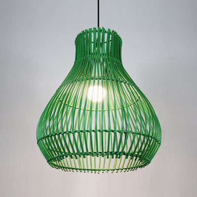 Modern Rattan Weaving Green Teardrop Shade 1-Light Pendant Light