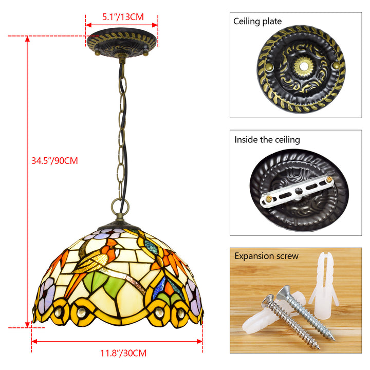Lampe suspendue à 1 lumière en forme de dôme en verre teinté Tiffany Magpie Flower 
