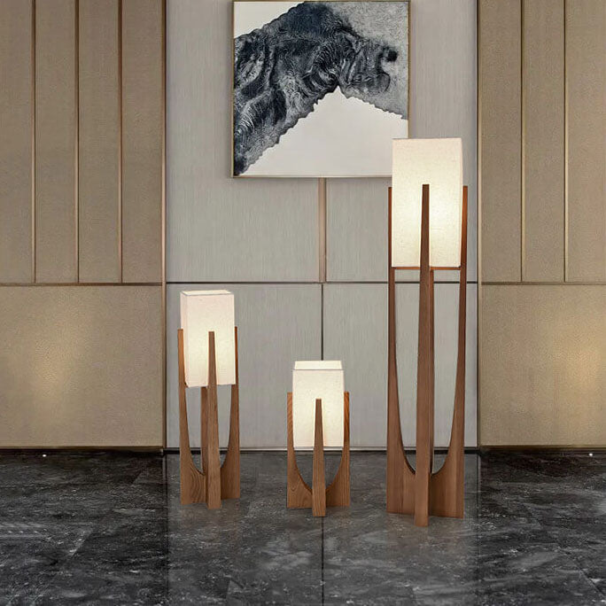 Modern Minimalist Copper Fabric Ash Wood Rectangular 1-Light Standing Floor Lamps For Living Room &amp; Bedroom