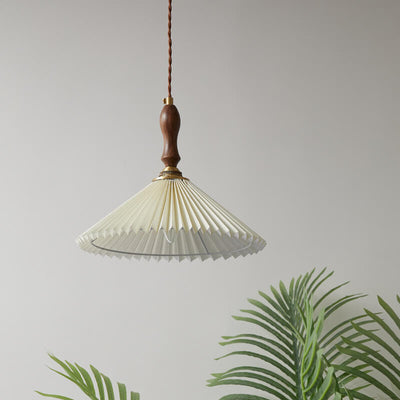 Vintage 1-Light Pleated Fabric Conical Pendant Light