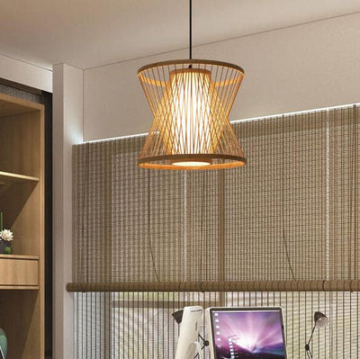 Bamboo Weaving Geometry Hourglass Shade 1-Light  Pendant Light