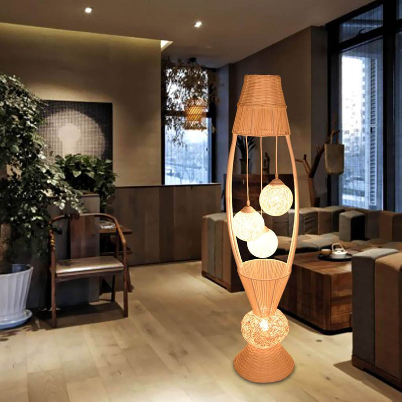 Modern Rattan Fish Shaped  4-Light with Inner Ball Shade Standing Floor Lamps