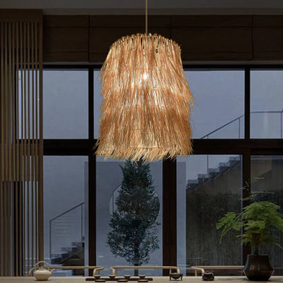 Rattan Weaving 1-Light Cylinder Tassels Pendant Light