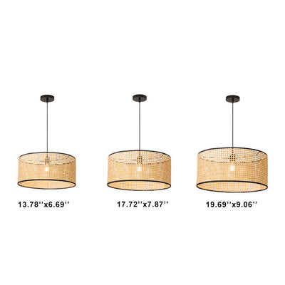 Modern Beige Bamboo Weaving 1-Light Drum-Shaped Pendant Light