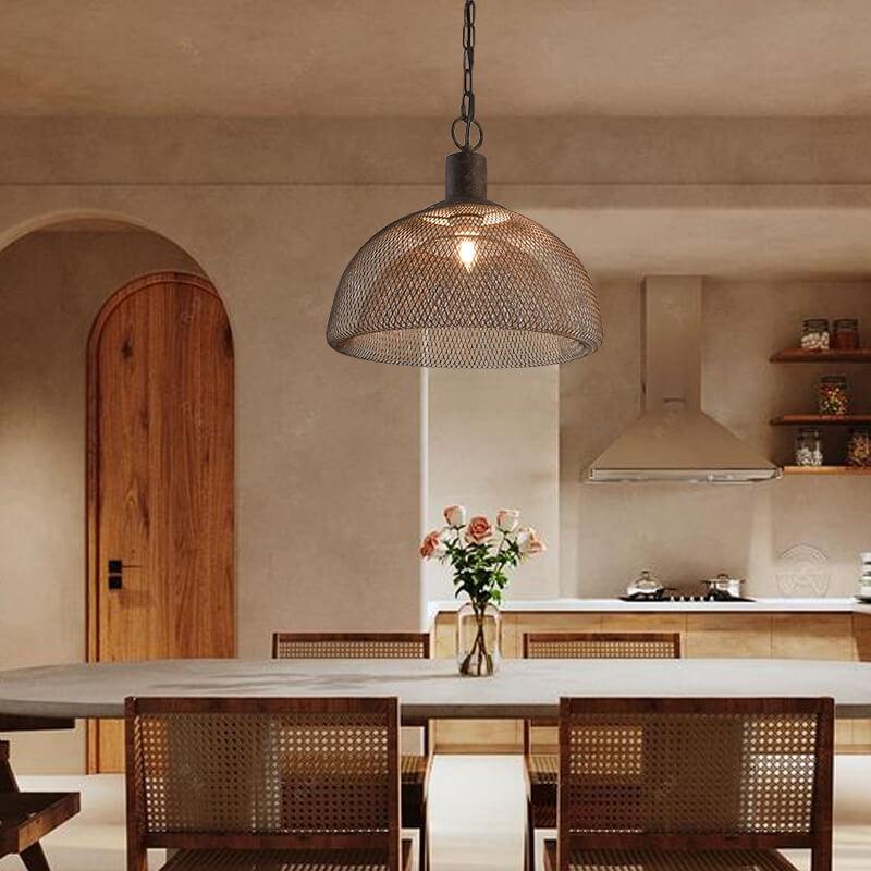 Lámpara colgante contemporánea industrial de hierro forjado con herrajes, media pantalla redonda envejecida, 1 luz, para sala de estar 