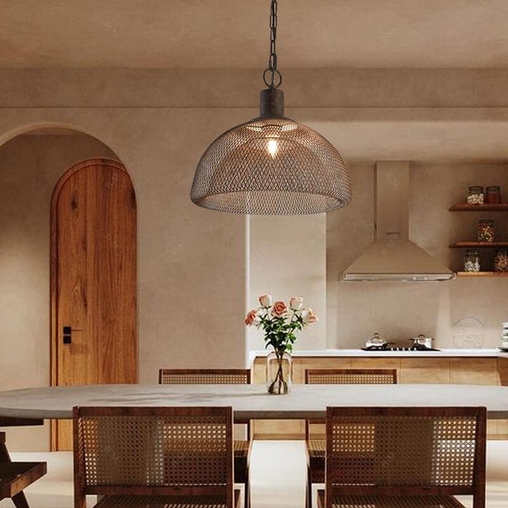 Lámpara colgante contemporánea industrial de hierro forjado con herrajes, media pantalla redonda envejecida, 1 luz, para sala de estar 