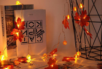 Lumières de fête à LED en forme de feuille d'érable et de citrouille pour décoration de fête, guirlande lumineuse à piles 