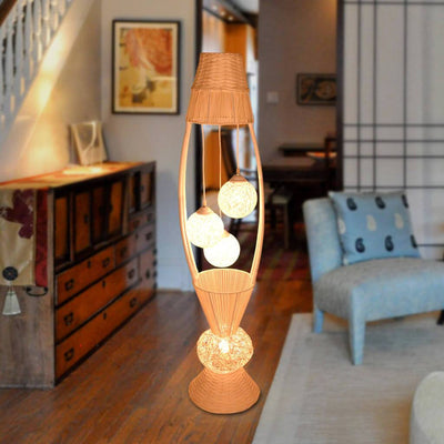 Bamboo Rattan Fish Shaped  4-Light with Inner Ball Shade Standing Floor Lamps