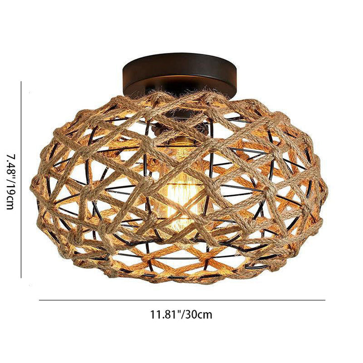 Traditionelle rustikale Hanfseil-Weberei Eisenkäfig 1-Licht Semi-Flush Mount Deckenleuchte für Schlafzimmer 