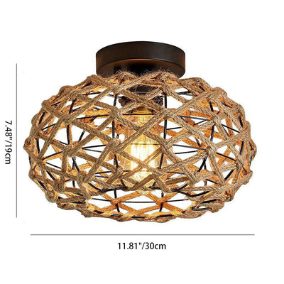 Traditionelle rustikale Hanfseil-Weberei Eisenkäfig 1-Licht Semi-Flush Mount Deckenleuchte für Schlafzimmer 