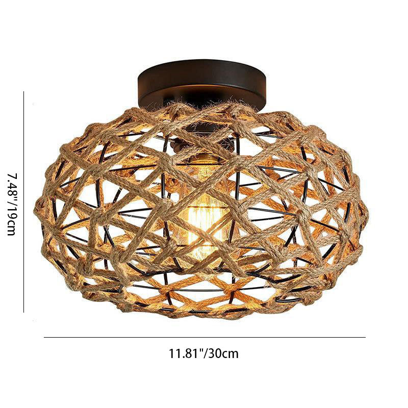 Traditional Rustic Hemp Rope Weaving Iron Cage 1-Light Semi-Flush Mount Ceiling Light For Bedroom