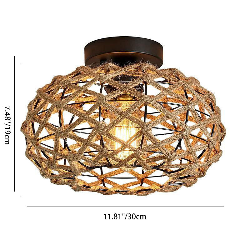 Traditionelle rustikale Hanfseil-Weberei Eisenkäfig 1-Licht Semi-Flush Mount Deckenleuchte für Schlafzimmer 