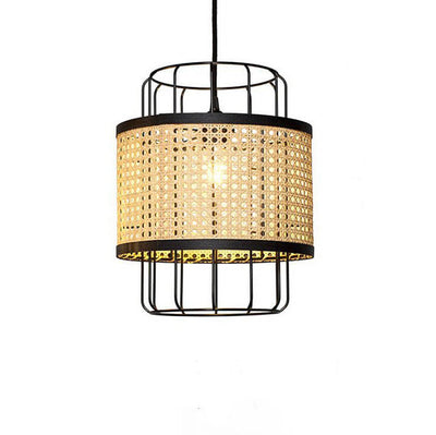 Modern Rattan Weaving 1-Light Gold Metal Cage Pendant Light