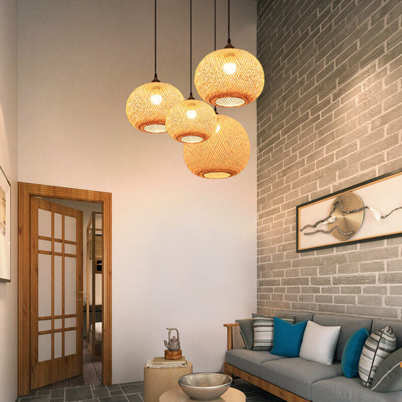 Lámpara colgante japonesa de 1 luz beige con bola redonda de tejido de bambú 