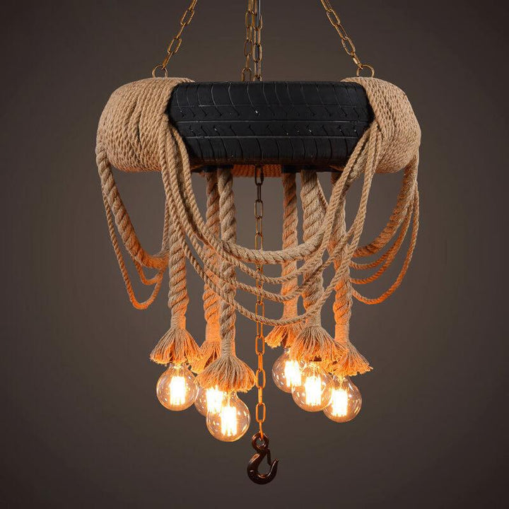 Vintage Industrial Hemp Rope Black Tire 6-Light Chandelier