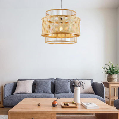 Japanese Style Bamboo Weaving Cylinder Metal Cage 1-Light Pendant Light