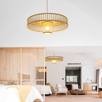 Modern Bamboo Weaving 1-Light Drum Saucer Pendant Light