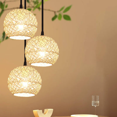 Rattan Weaving Beige Globe 1-Licht-Pendelleuchte 