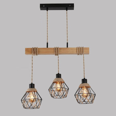 Vintage Industrial Hemp Rope Metal Cage 3-Light Chandelier Ceiling Light