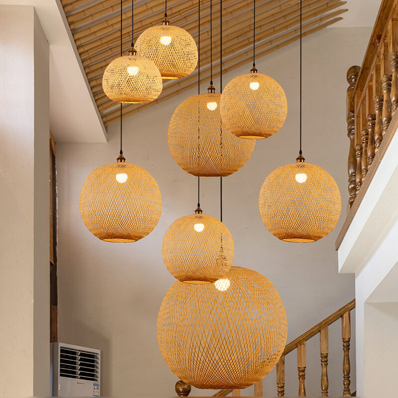 Bamboo Weaving Round Ball Beige 1-Light Japanese Pendant Light