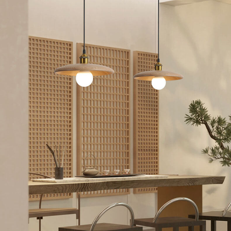 Minimalist Wooden 1-Light Saucer Shaped Pendant Light