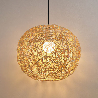 Rattan Weaving Beige Globe Shade 1-Light Pendant Light