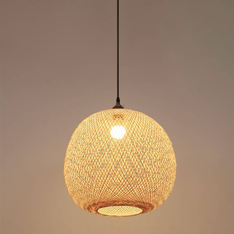 Lámpara colgante japonesa de 1 luz beige con bola redonda de tejido de bambú 