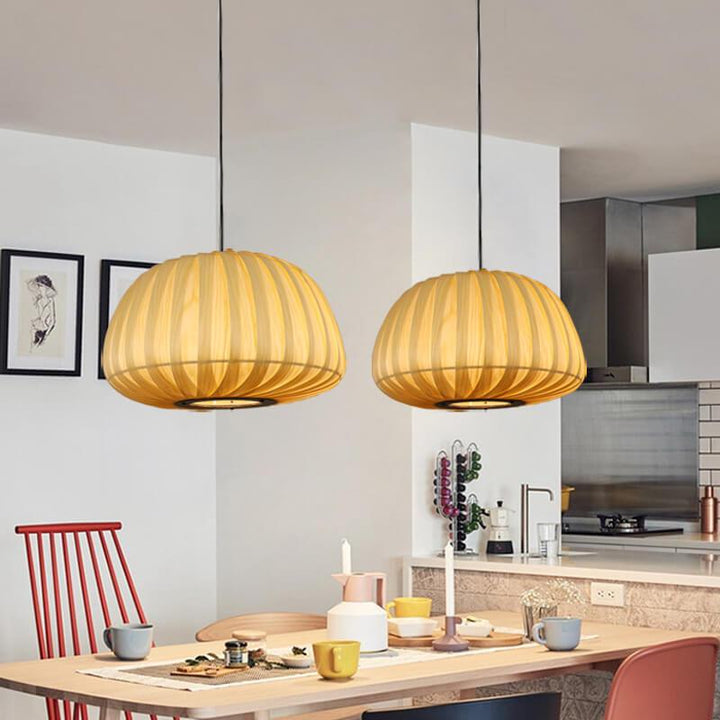 Moderne Holz Kürbis Schirm 1-Licht Beige Pendelleuchte 
