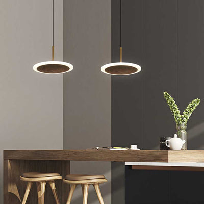 Modern Round Brown Walnut Wood 1-Light LED Pendant Light