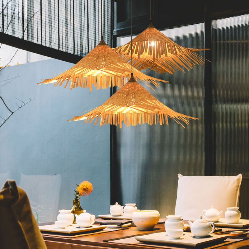 Bamboo Weaving Hat Shape 1-Light Beige Pendant Light