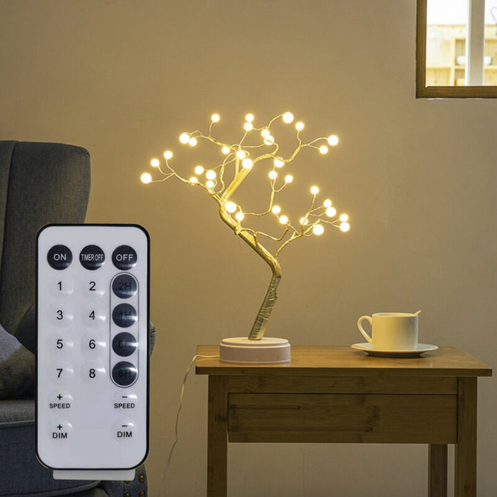 Lámpara de mesa LED contemporánea y creativa con pequeño árbol de perlas, cobre y PVC, 36 luces y control remoto para dormitorio 