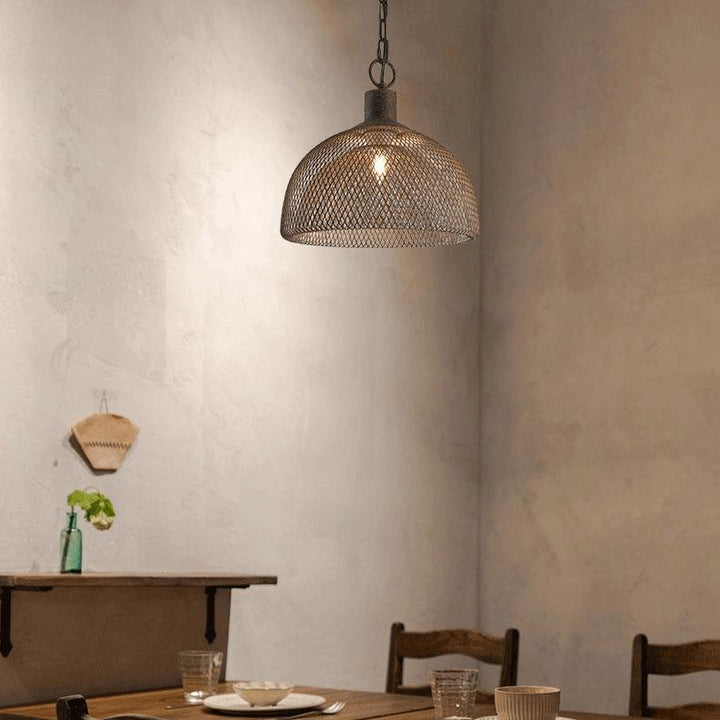 Lámpara colgante contemporánea industrial de hierro forjado con herrajes, media pantalla redonda envejecida, 1 luz, para sala de estar 